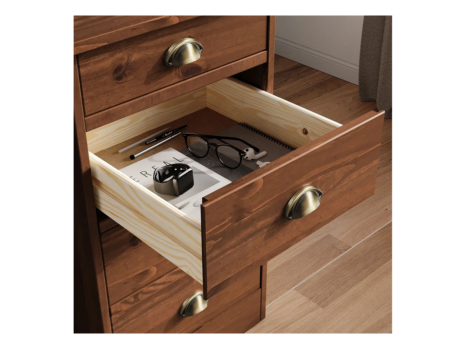 Bureau LANA avec rangement 5 tiroirs et poignées en forme de coquille, en pin massif coloris brun foncé