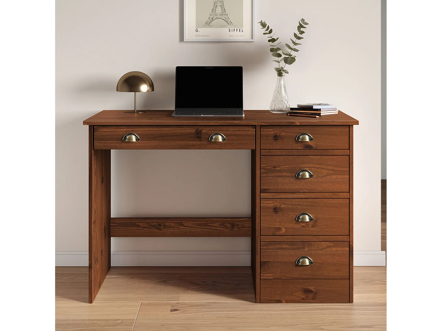 Bureau LANA avec rangement 5 tiroirs et poignées en forme de coquille, en pin massif coloris brun foncé