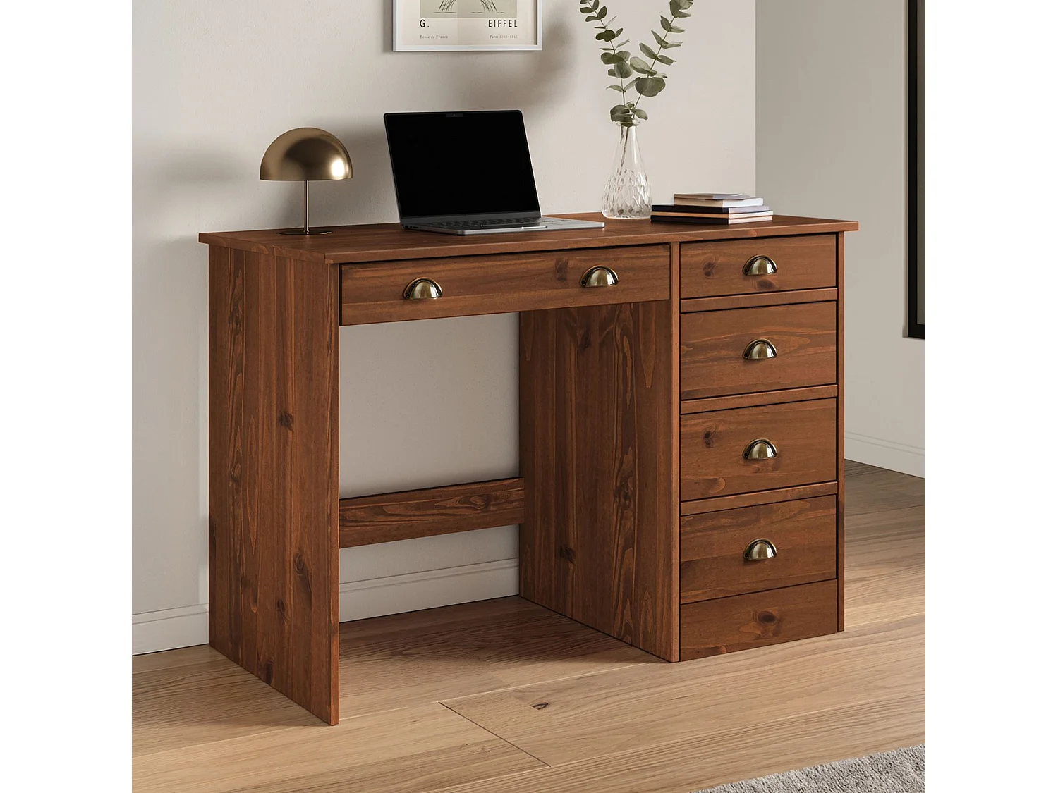 Bureau LANA avec rangement 5 tiroirs et poignées en forme de coquille, en pin massif coloris brun foncé