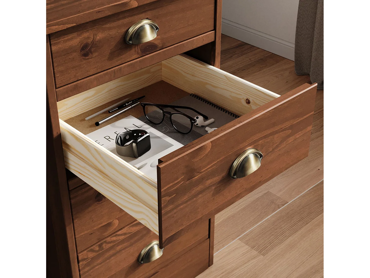 Bureau LANA avec rangement 5 tiroirs et poignées en forme de coquille, en pin massif coloris brun foncé