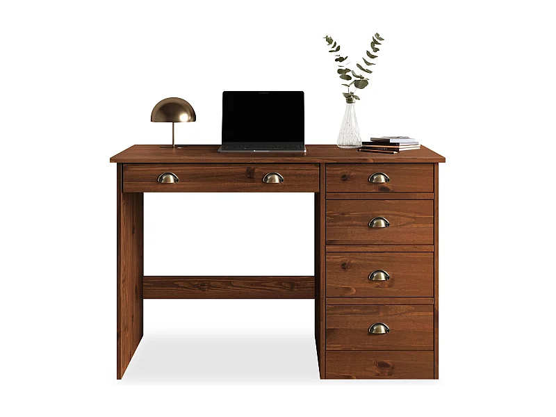 Bureau LANA avec rangement 5 tiroirs et poignées en forme de coquille, en pin massif coloris brun foncé