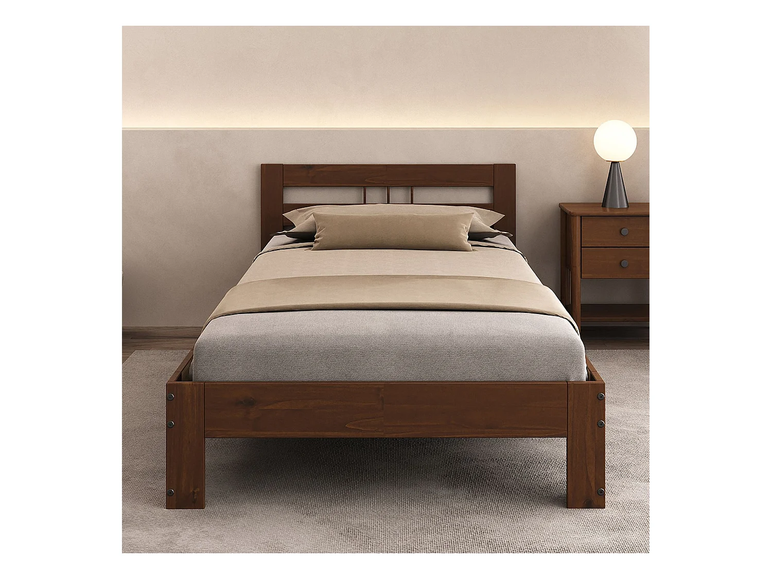 Lit simple THEO 100 x 200 cm lit pour enfant en pin massif coloris châtaignier, avec tête de lit