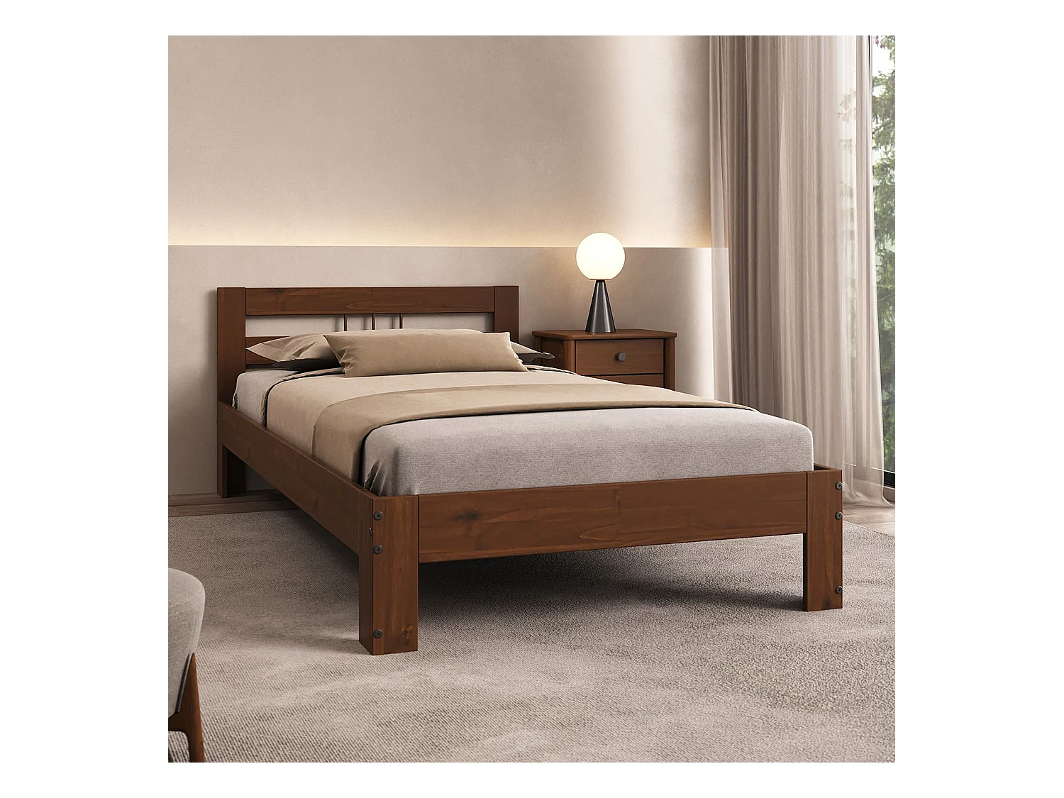 Lit simple THEO 100 x 200 cm lit pour enfant en pin massif coloris châtaignier, avec tête de lit