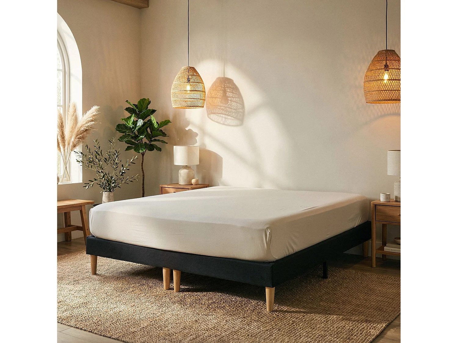 Sommier tapissier RENNES 180 x 200 cm structure en bois et revêtement en tissu noir, cadre de lit avec pieds