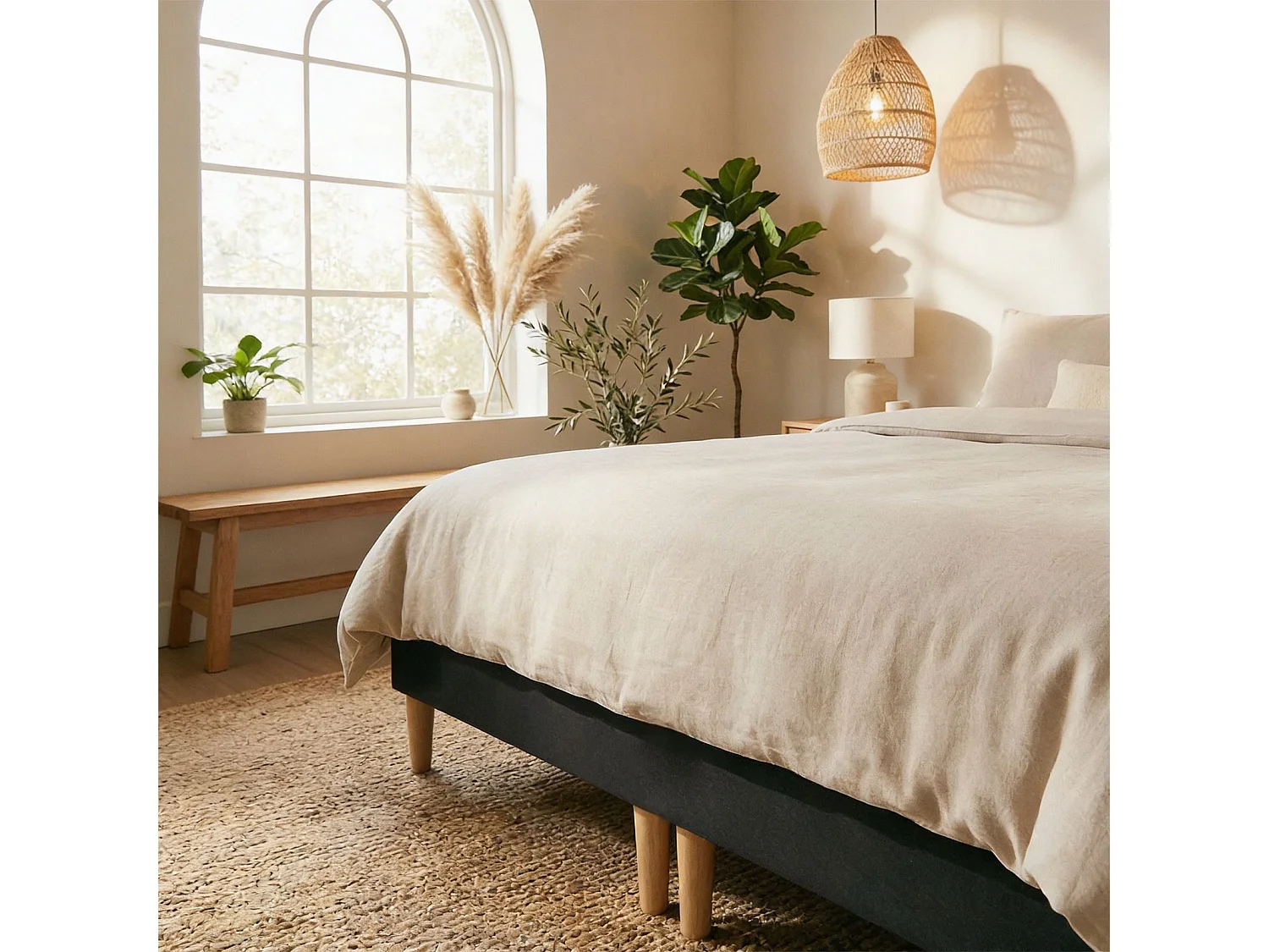 Sommier tapissier RENNES 180 x 200 cm structure en bois et revêtement en tissu noir, cadre de lit avec pieds