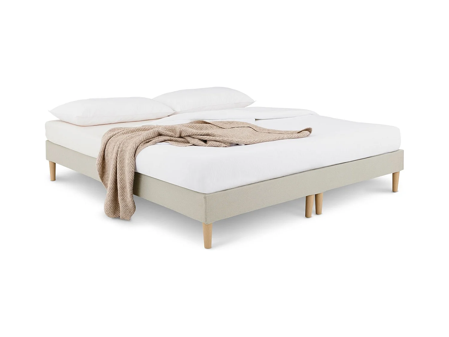 Sommier tapissier RENNES 180 x 200 cm structure en bois et revêtement en tissu beige, cadre de lit avec pieds