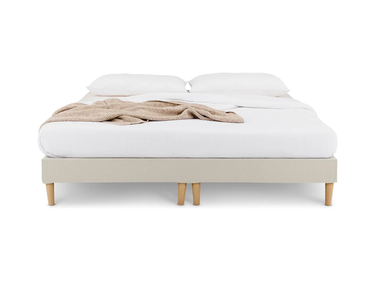 Sommier tapissier RENNES 180 x 200 cm structure en bois et revêtement en tissu beige, cadre de lit avec pieds
