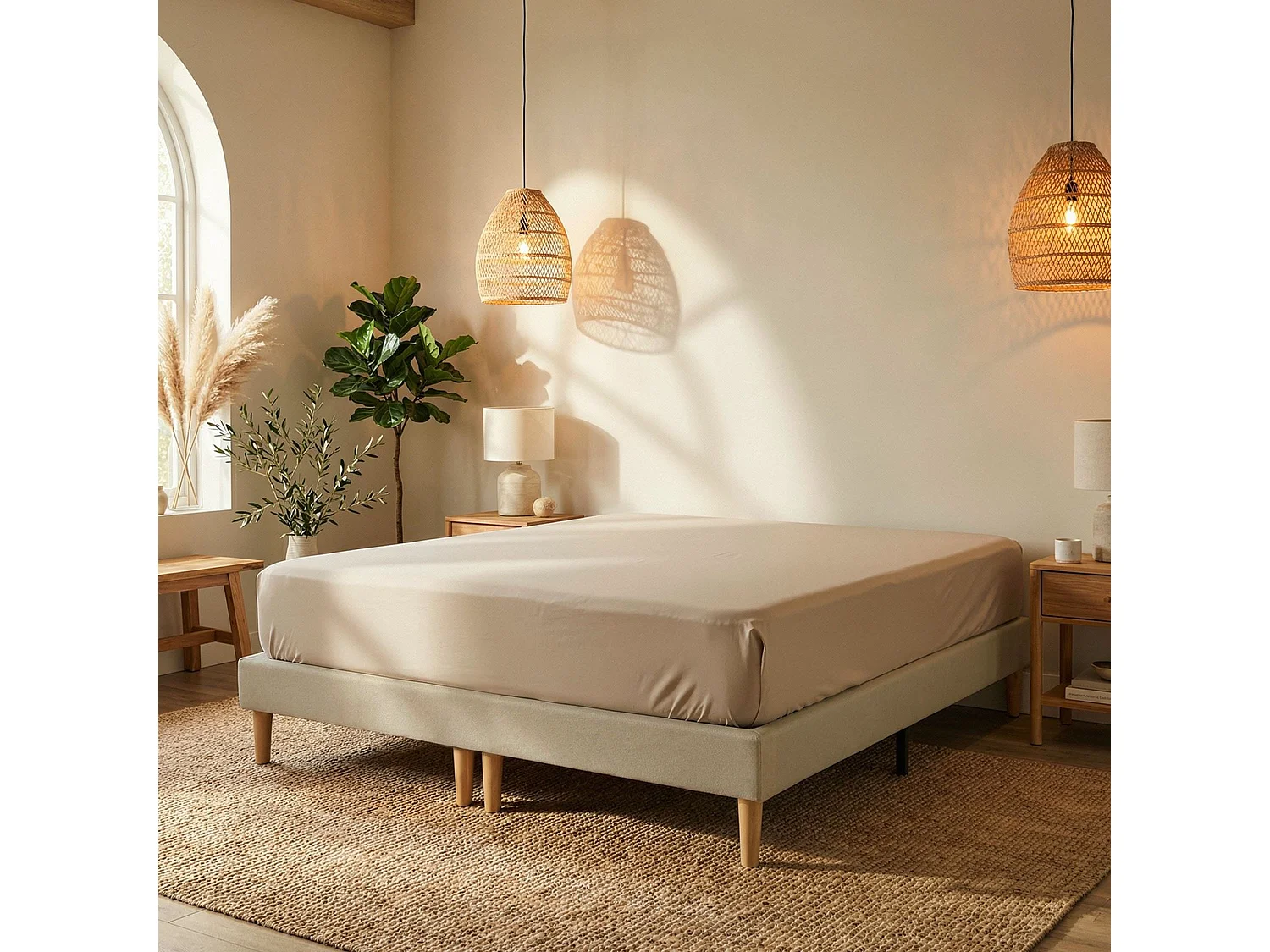 Sommier tapissier RENNES 180 x 200 cm structure en bois et revêtement en tissu beige, cadre de lit avec pieds