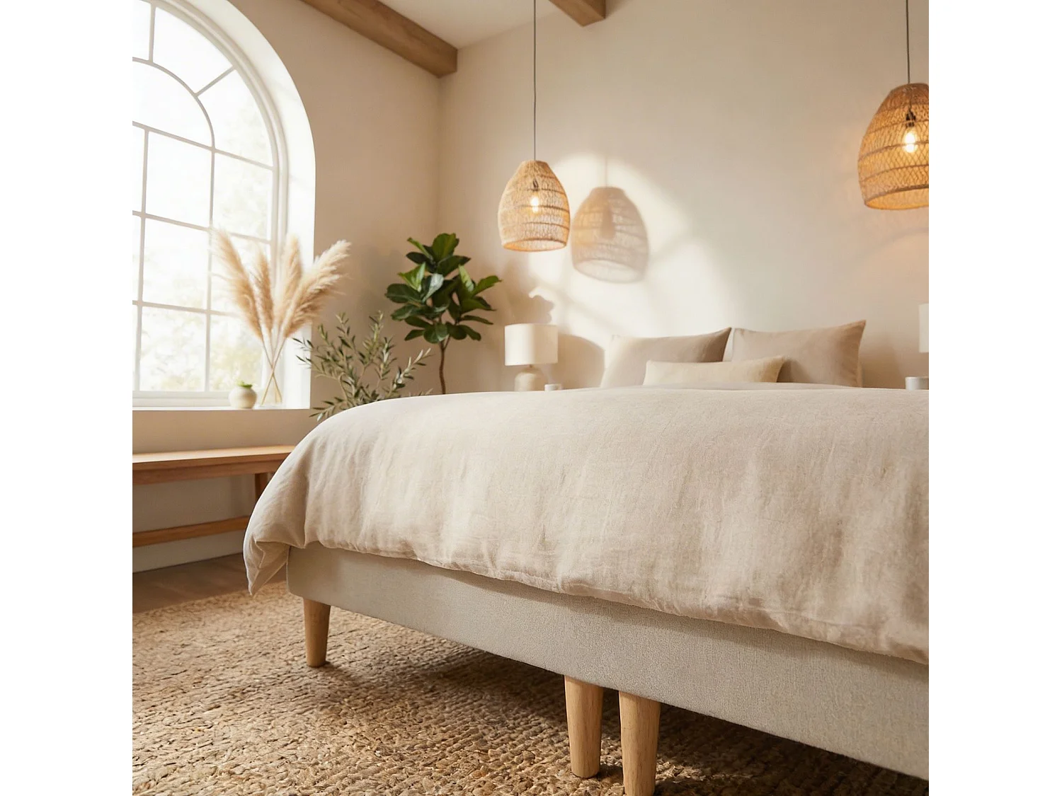 Sommier tapissier RENNES 180 x 200 cm structure en bois et revêtement en tissu beige, cadre de lit avec pieds