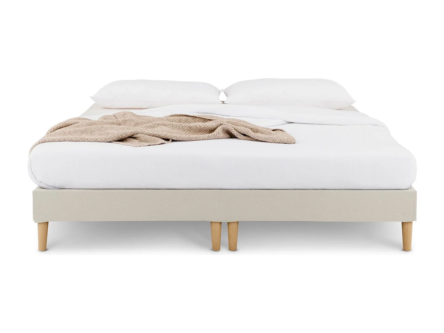 Sommier tapissier RENNES 180 x 200 cm structure en bois et revêtement en tissu beige, cadre de lit avec pieds