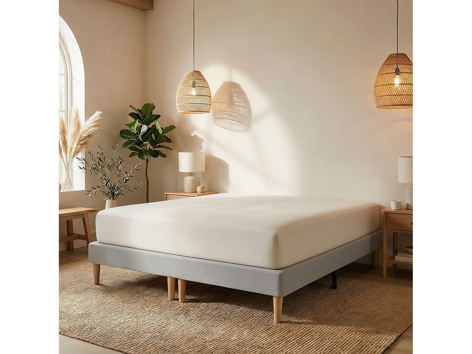 Sommier tapissier RENNES 180 x 200 cm structure en bois et revêtement en tissu gris, cadre de lit avec pieds