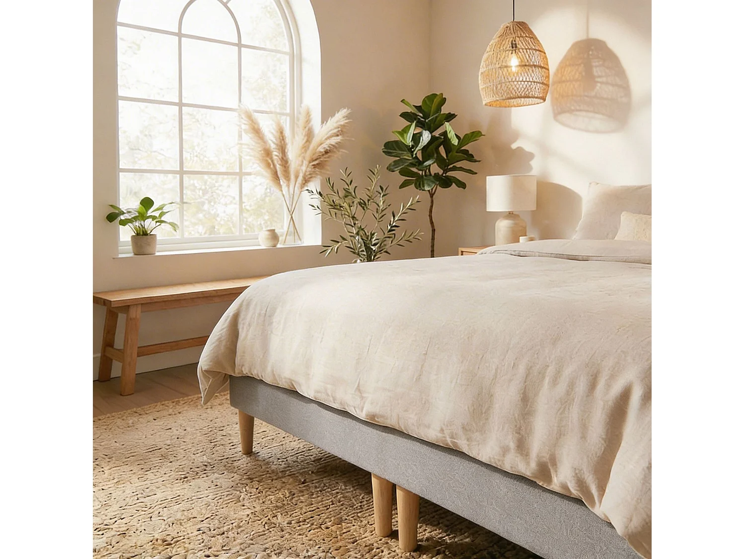 Sommier tapissier RENNES 180 x 200 cm structure en bois et revêtement en tissu gris, cadre de lit avec pieds