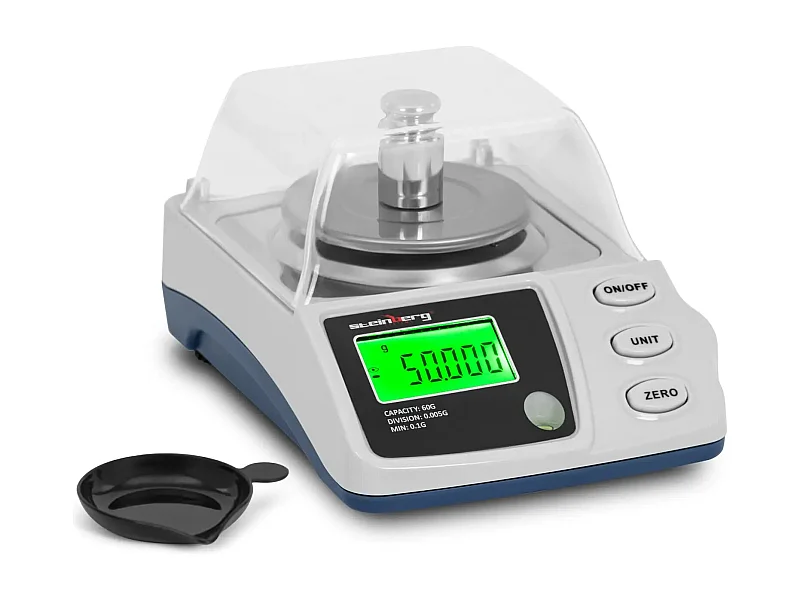 Báscula digital de precisión 0160 g / 0005 g ø 68 mm protección contra el viento ABS acero inoxidable acero galvanizado plata metalizado blanco 14_0008342