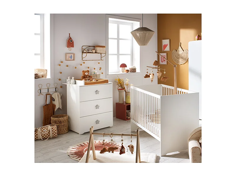Chambre complète bébé avec lit 120x60cm et commode à langer 3 tiroirs BASIC - BabyPrice