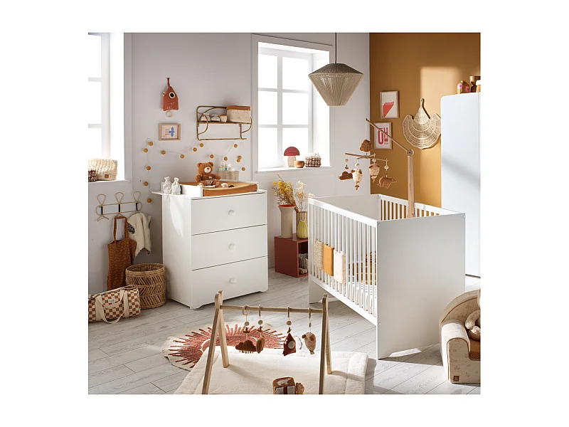 Chambre complète bébé avec lit 120x60cm et commode à langer 3 tiroirs BASIC - BabyPrice
