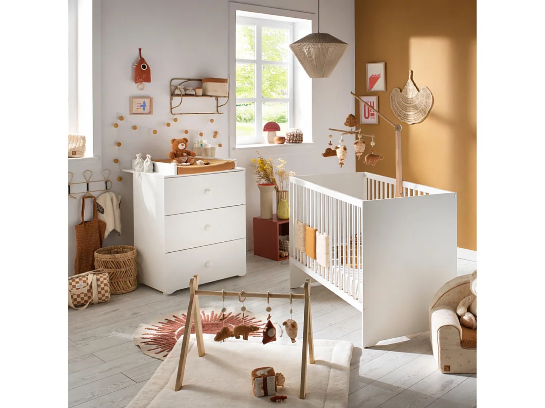Chambre complète bébé avec lit 120x60cm et commode à langer 3 tiroirs BASIC - BabyPrice