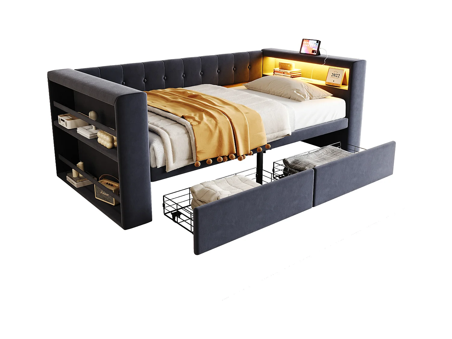 Canapé-lit rembourré 90x190 cm - avec éclairage LED - avec prise de courant - avec 2 tiroirs - gris foncé (matelas non inclus)