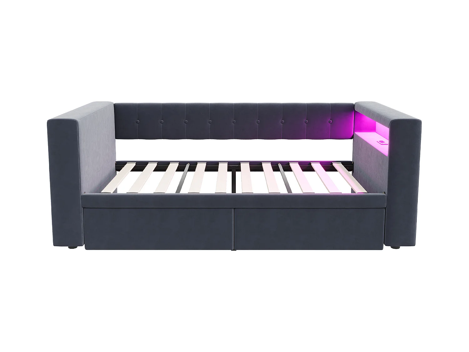 Canapé-lit rembourré 90x190 cm - avec éclairage LED - avec prise de courant - avec 2 tiroirs - gris foncé (matelas non inclus)