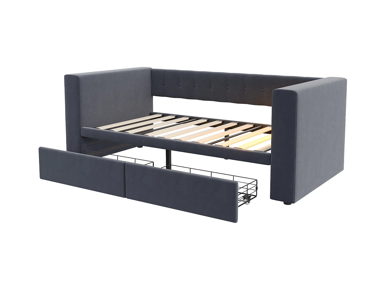 Canapé-lit rembourré 90x190 cm - avec éclairage LED - avec prise de courant - avec 2 tiroirs - gris foncé (matelas non inclus)