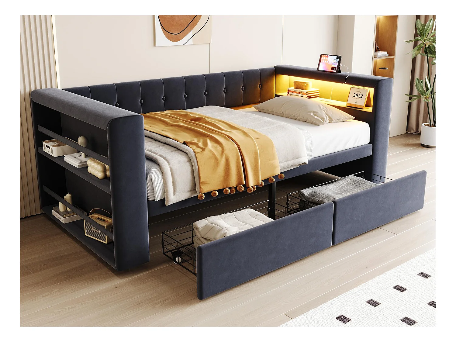 Sofá-cama estofado 90x190 cm - com iluminação LED - com tomada elétrica - com 2 gavetas - cinza escuro (colchão não incluído)