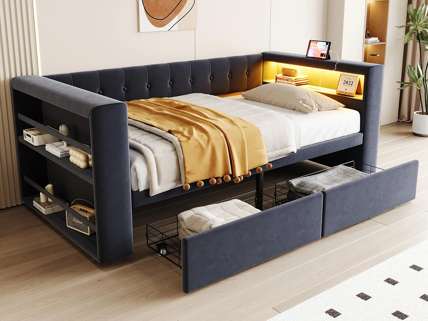 Divano letto imbottito 90x190 cm - con illuminazione LED - con presa di corrente - con 2 cassetti - grigio scuro (materasso non incluso)