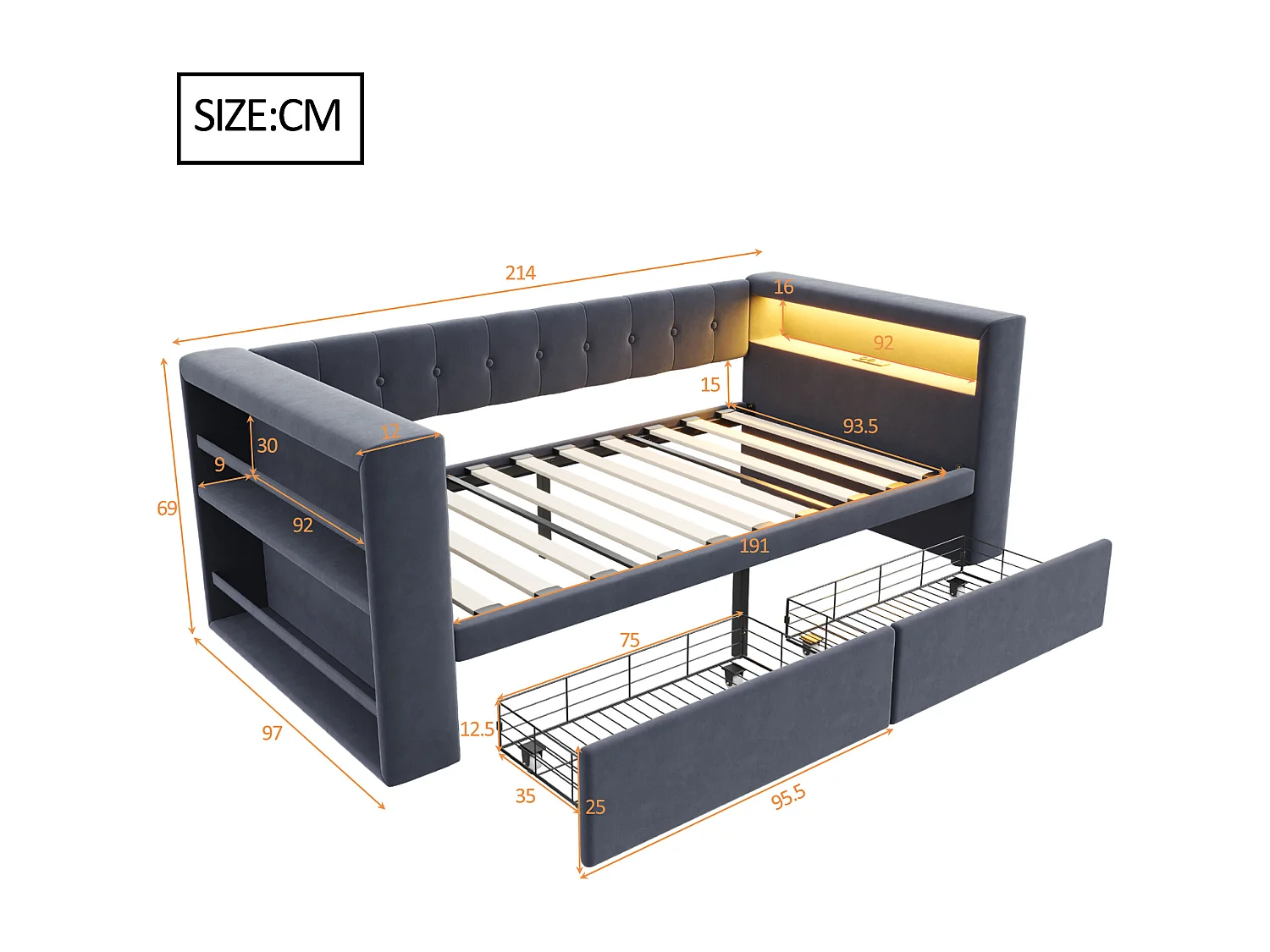 Divano letto imbottito 90x190 cm - con illuminazione LED - con presa di corrente - con 2 cassetti - grigio scuro (materasso non incluso)