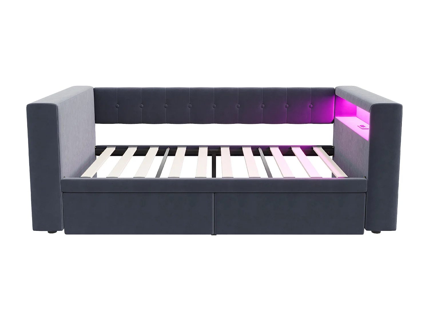 Divano letto imbottito 90x190 cm - con illuminazione LED - con presa di corrente - con 2 cassetti - grigio scuro (materasso non incluso)