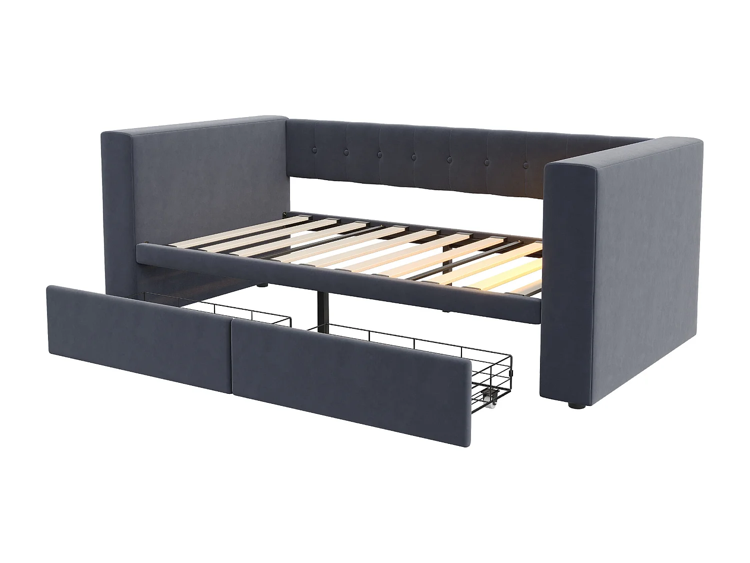 Divano letto imbottito 90x190 cm - con illuminazione LED - con presa di corrente - con 2 cassetti - grigio scuro (materasso non incluso)