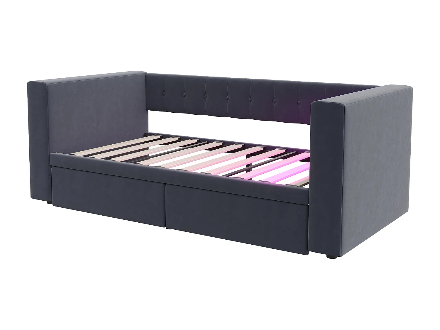 Divano letto imbottito 90x190 cm - con illuminazione LED - con presa di corrente - con 2 cassetti - grigio scuro (materasso non incluso)