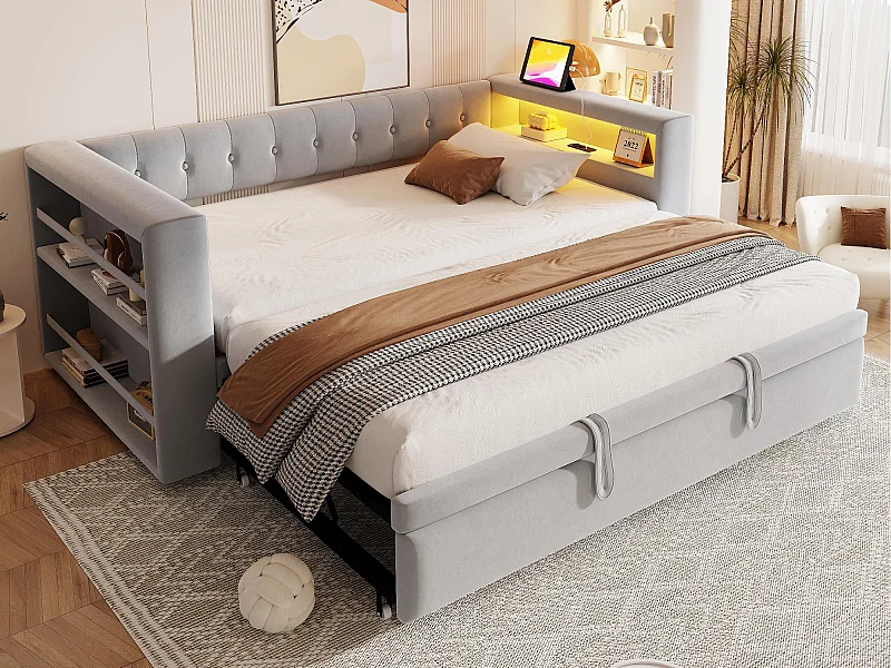 Lit rembourré 90x190 cm - avec éclairage LED - avec lit gigogne - avec prise de courant - gris clair