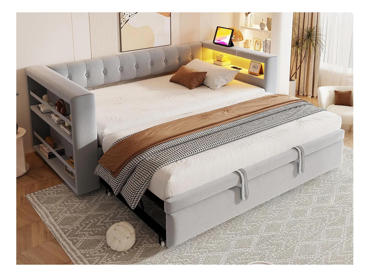 Lit rembourré 90x190 cm - avec éclairage LED - avec lit gigogne - avec prise de courant - gris clair