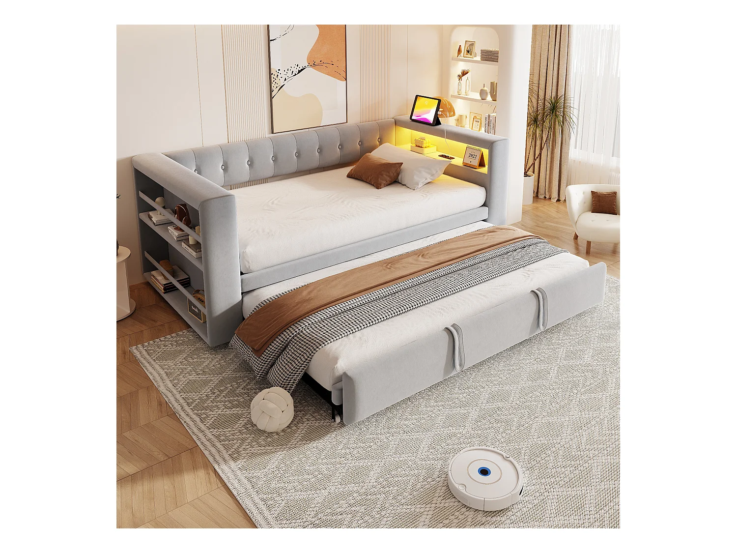 Lit rembourré 90x190 cm - avec éclairage LED - avec lit gigogne - avec prise de courant - gris clair