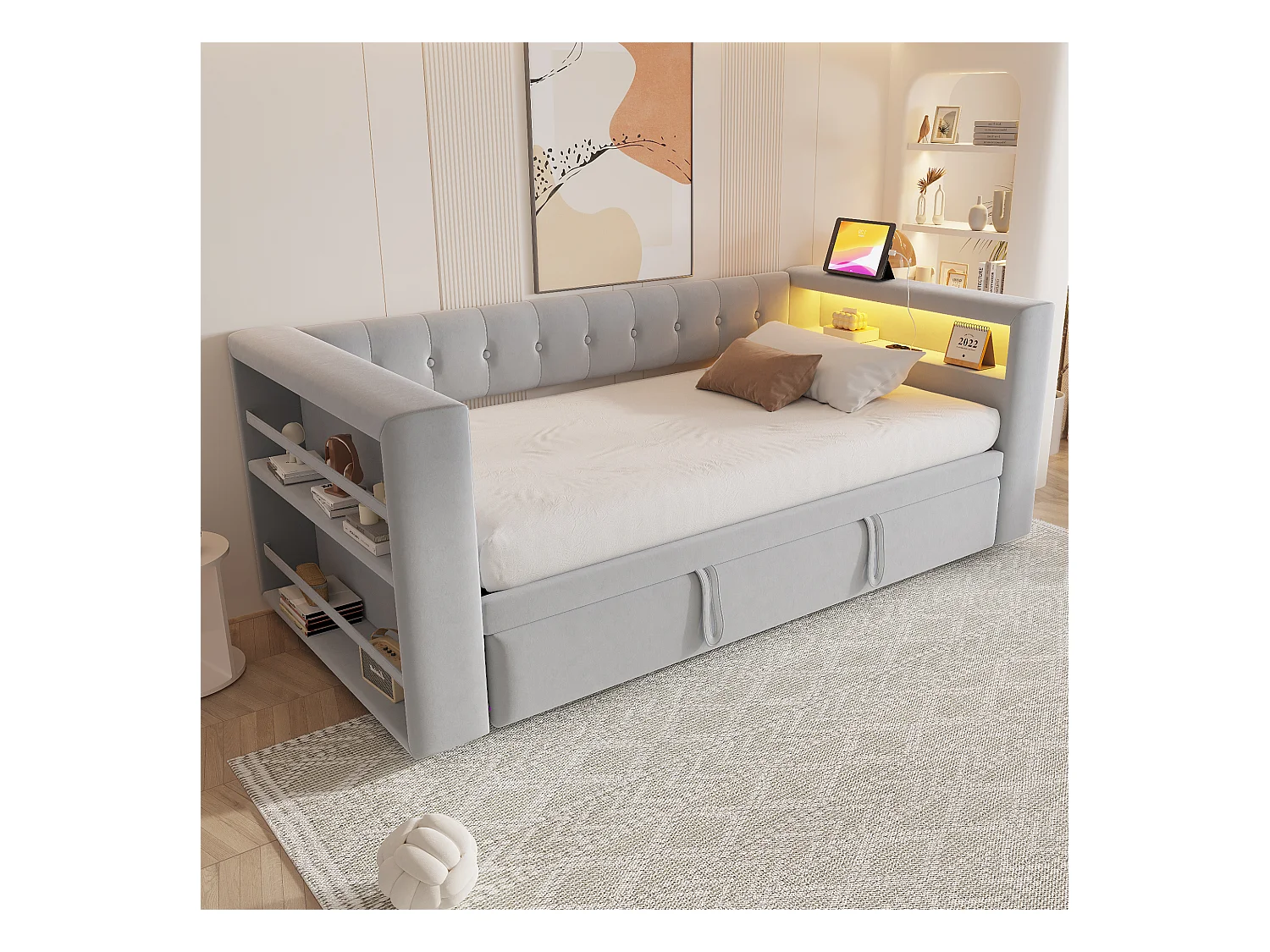 Lit rembourré 90x190 cm - avec éclairage LED - avec lit gigogne - avec prise de courant - gris clair