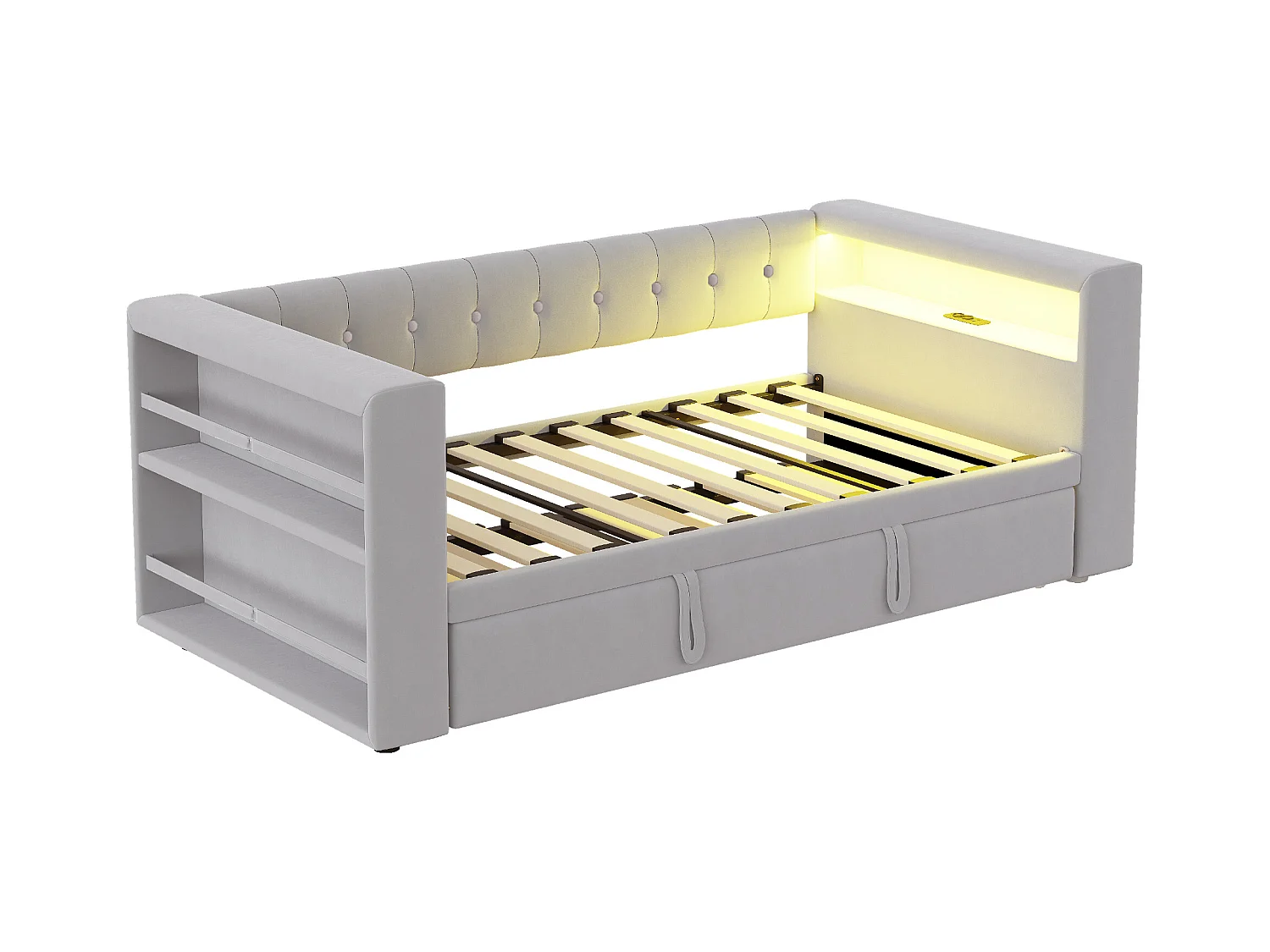 Lit rembourré 90x190 cm - avec éclairage LED - avec lit gigogne - avec prise de courant - gris clair