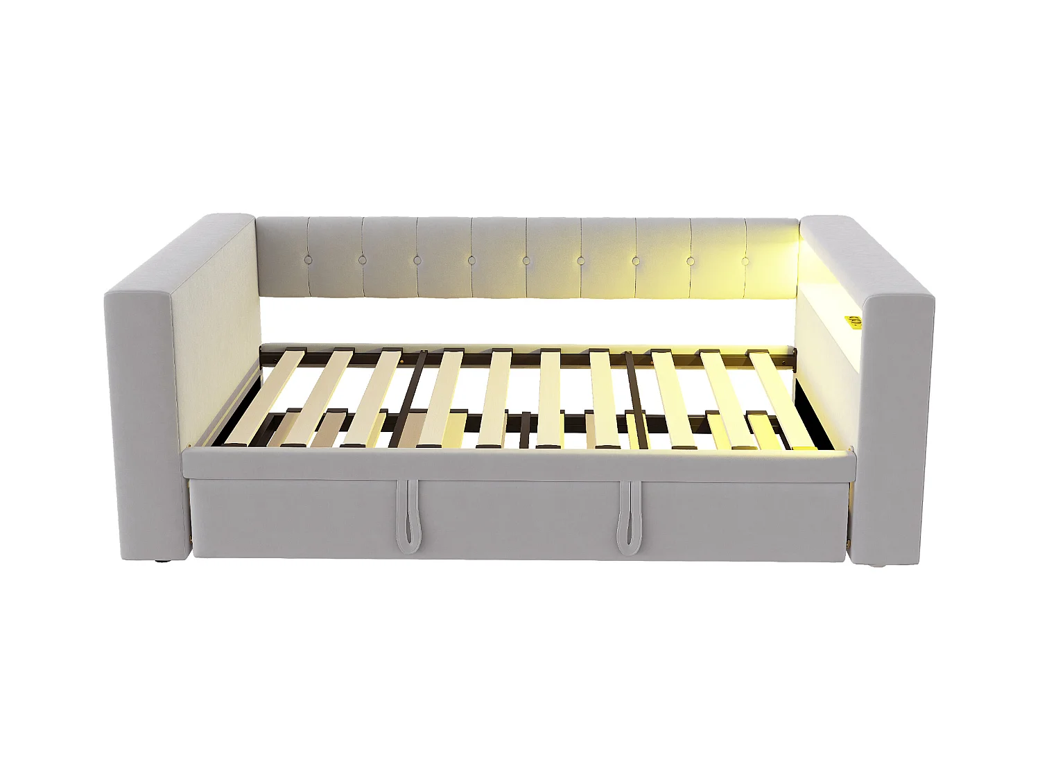 Lit rembourré 90x190 cm - avec éclairage LED - avec lit gigogne - avec prise de courant - gris clair