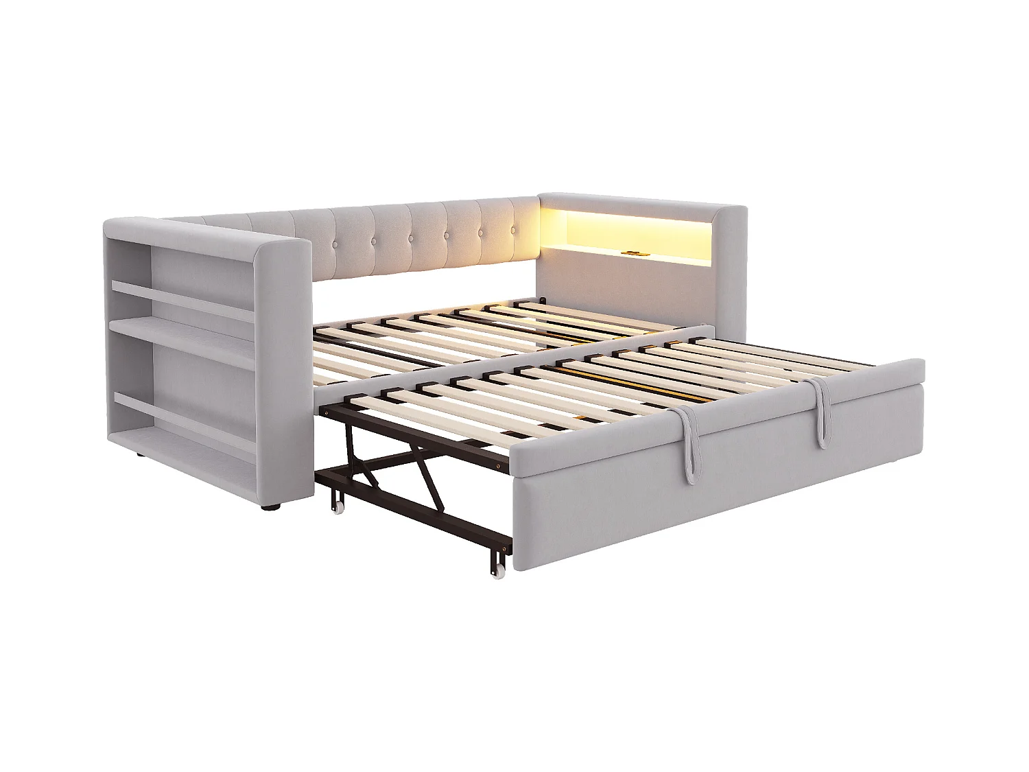 Lit rembourré 90x190 cm - avec éclairage LED - avec lit gigogne - avec prise de courant - gris clair