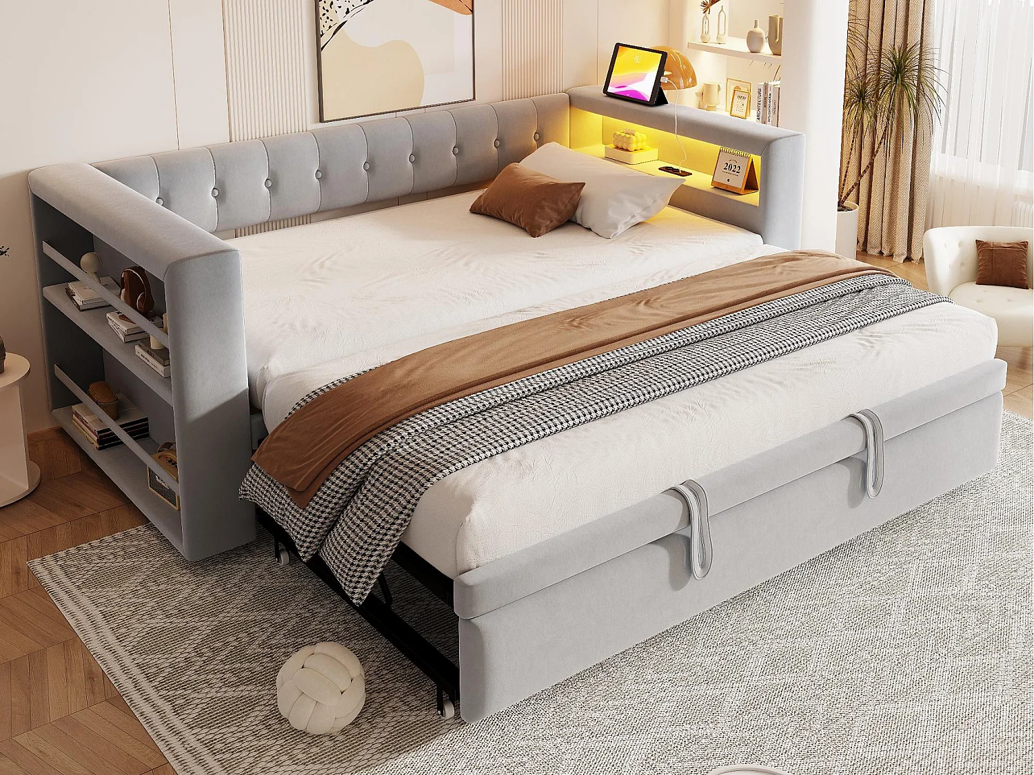 Lit rembourré 90x190 cm - avec éclairage LED - avec lit gigogne - avec prise de courant - gris clair