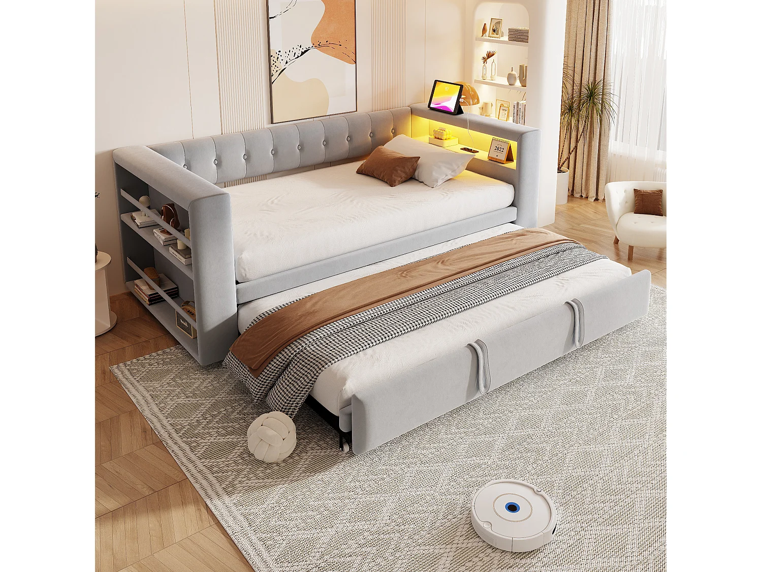 Lit rembourré 90x190 cm - avec éclairage LED - avec lit gigogne - avec prise de courant - gris clair