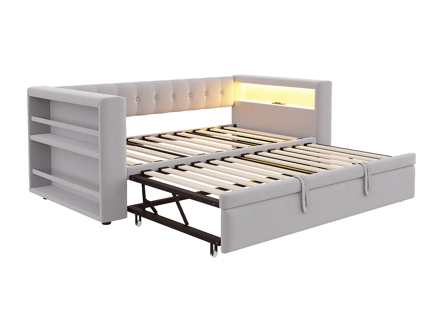 Lit rembourré 90x190 cm - avec éclairage LED - avec lit gigogne - avec prise de courant - gris clair