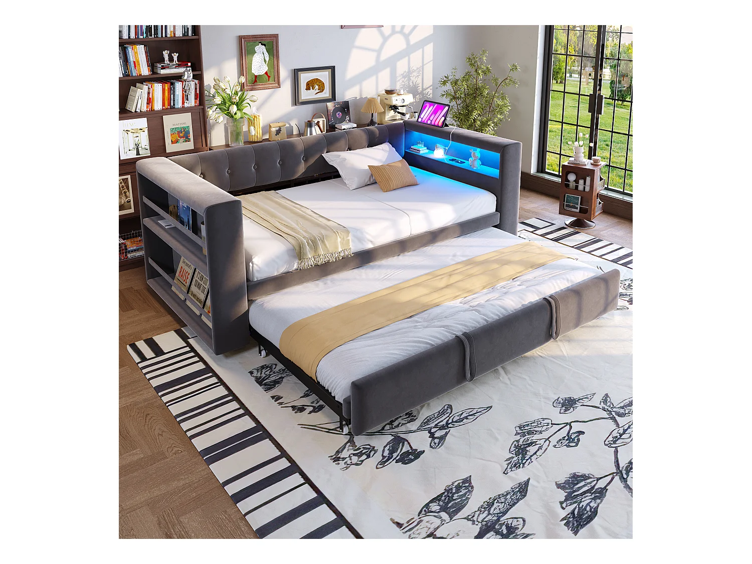 Lit rembourré 90x190 cm - avec éclairage LED - avec lit gigogne - avec prise de courant - gris foncé