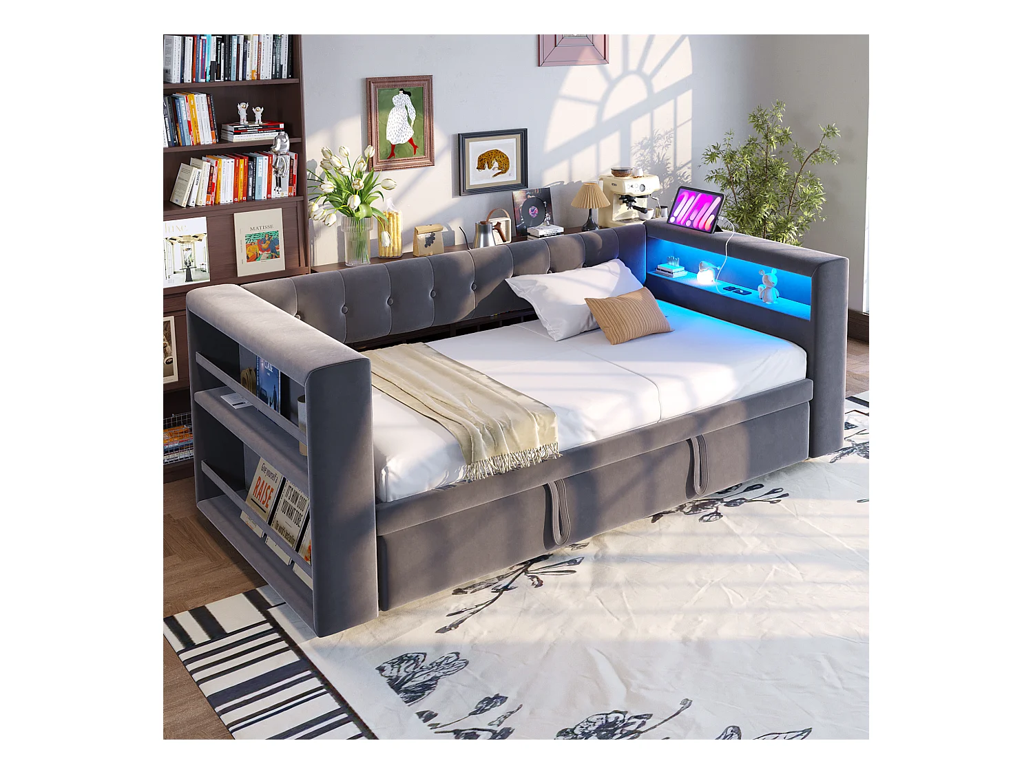 Lit rembourré 90x190 cm - avec éclairage LED - avec lit gigogne - avec prise de courant - gris foncé