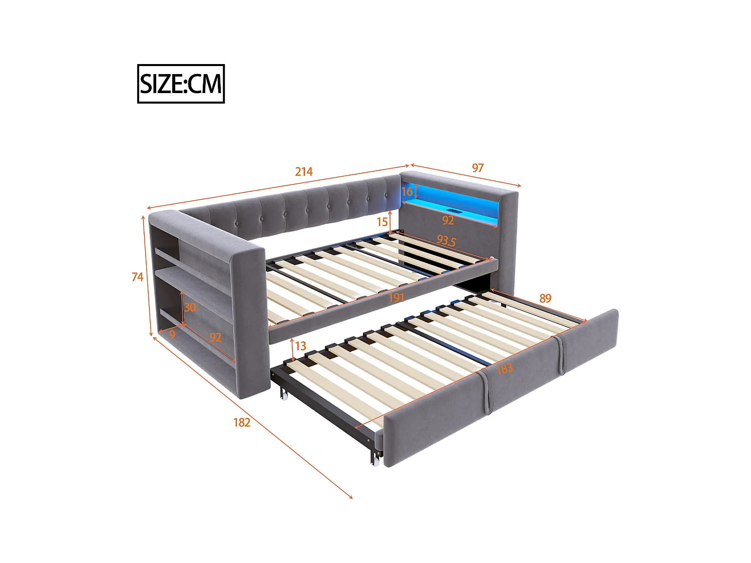 Lit rembourré 90x190 cm - avec éclairage LED - avec lit gigogne - avec prise de courant - gris foncé