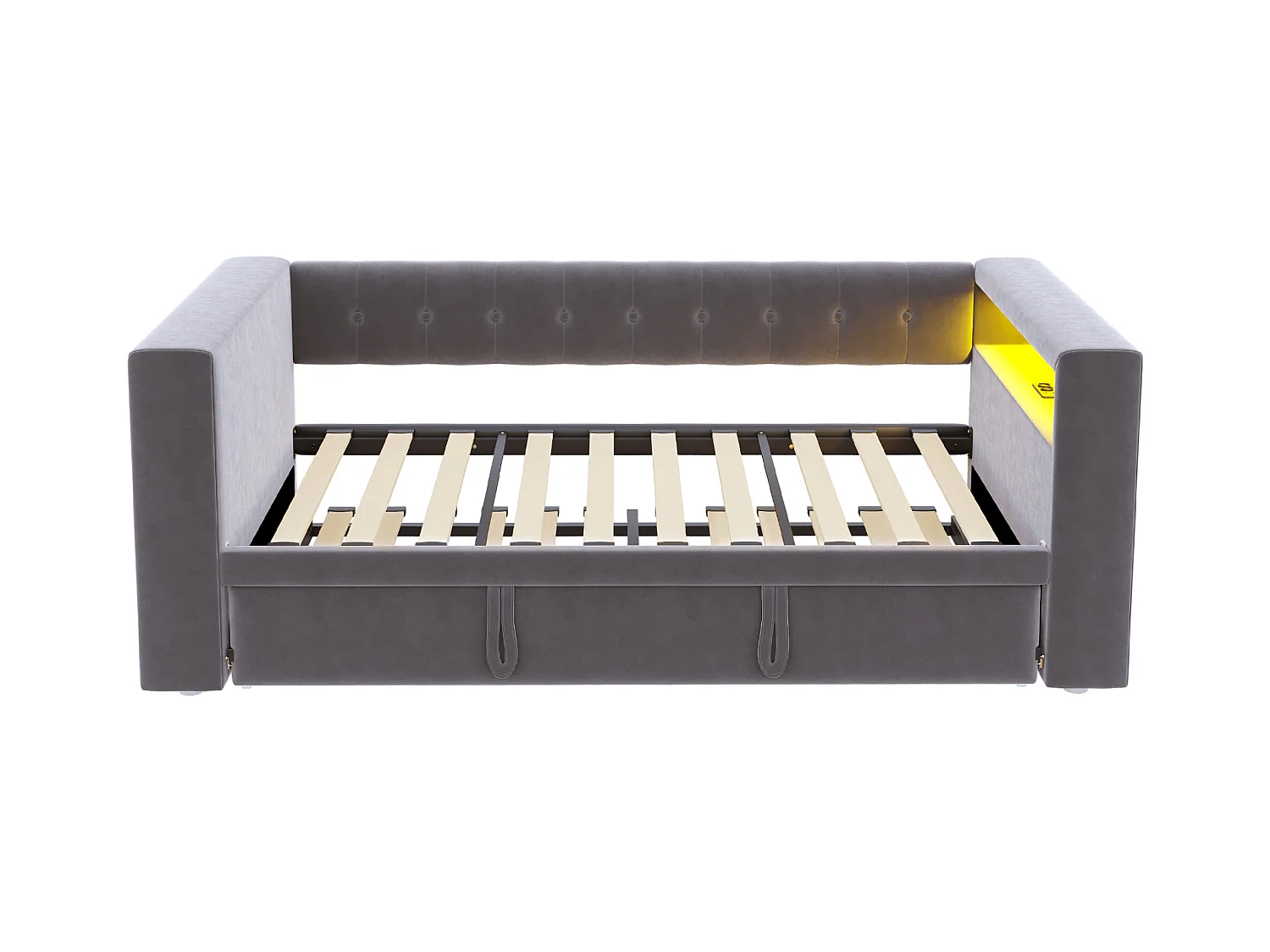 Lit rembourré 90x190 cm - avec éclairage LED - avec lit gigogne - avec prise de courant - gris foncé