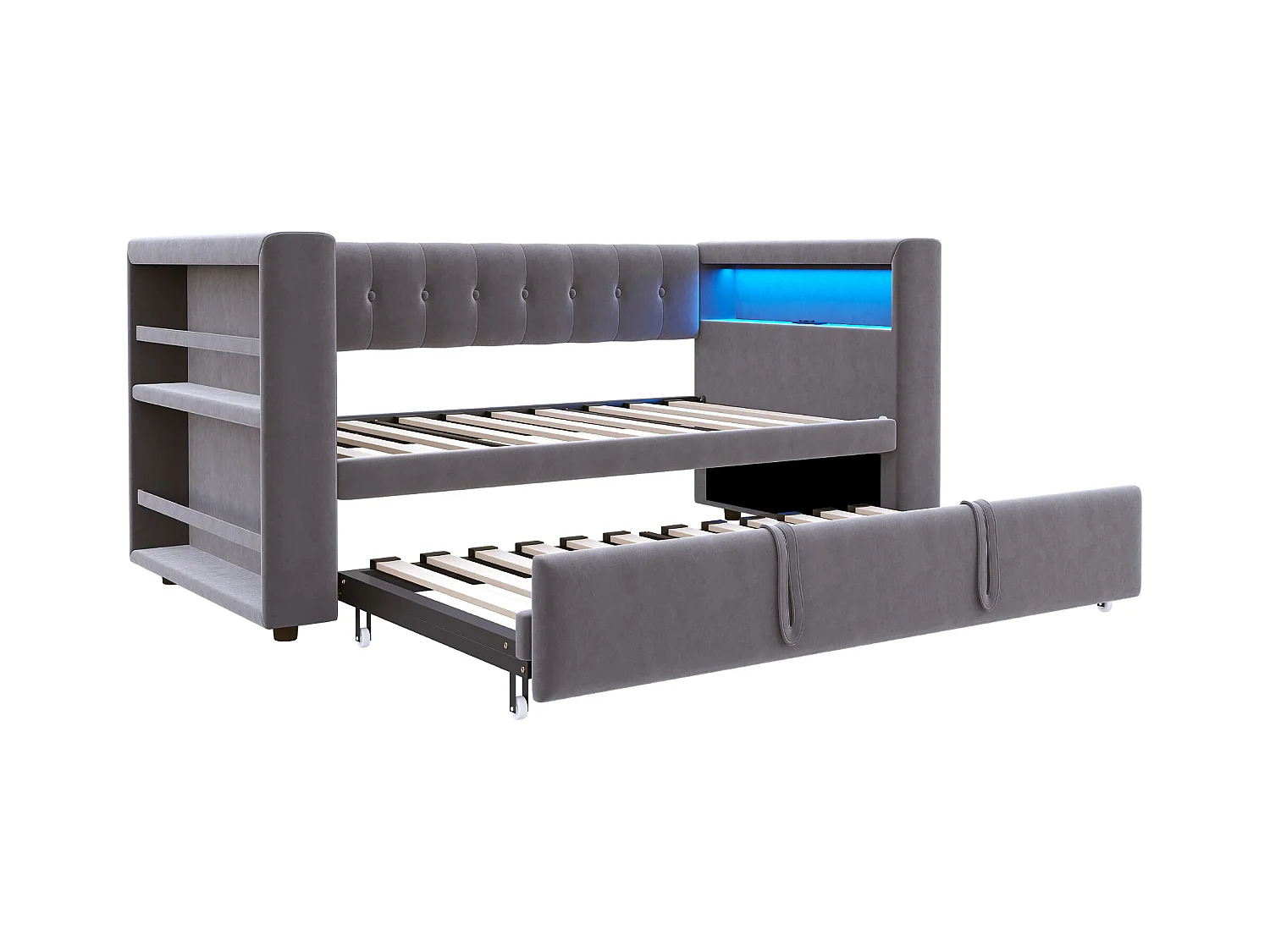 Lit rembourré 90x190 cm - avec éclairage LED - avec lit gigogne - avec prise de courant - gris foncé