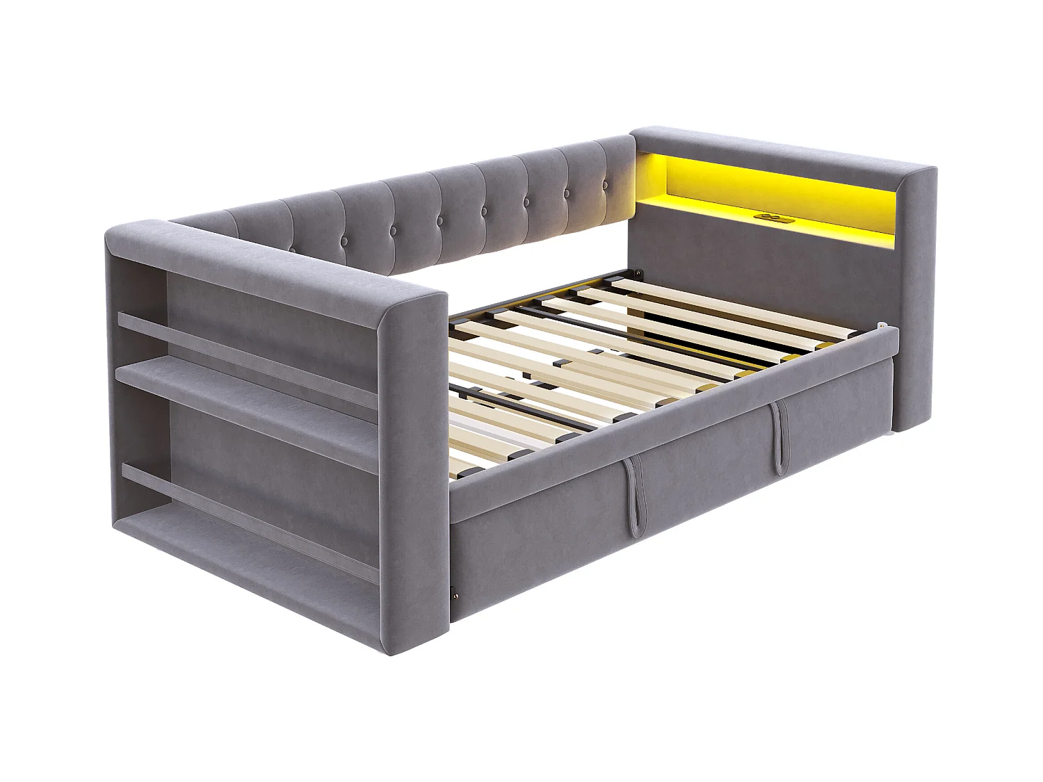 Lit rembourré 90x190 cm - avec éclairage LED - avec lit gigogne - avec prise de courant - gris foncé