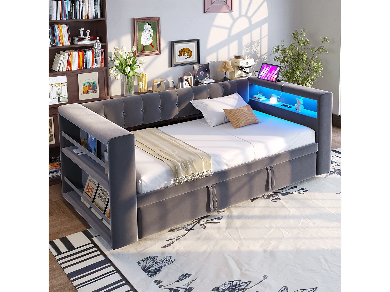 Tapicerowana sofa z łóżkiem 90x190 cm - z oświetleniem LED - z łóżkiem chowanym - z gniazdkiem elektrycznym - ciemnoszary