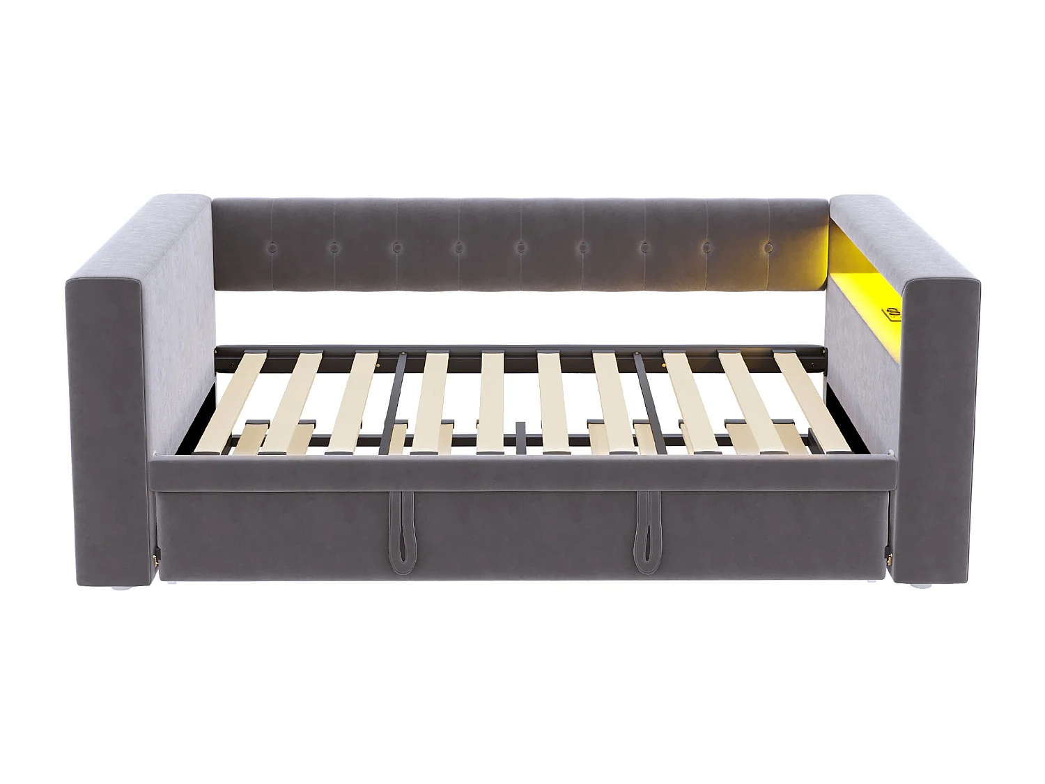 Tapicerowana sofa z łóżkiem 90x190 cm - z oświetleniem LED - z łóżkiem chowanym - z gniazdkiem elektrycznym - ciemnoszary