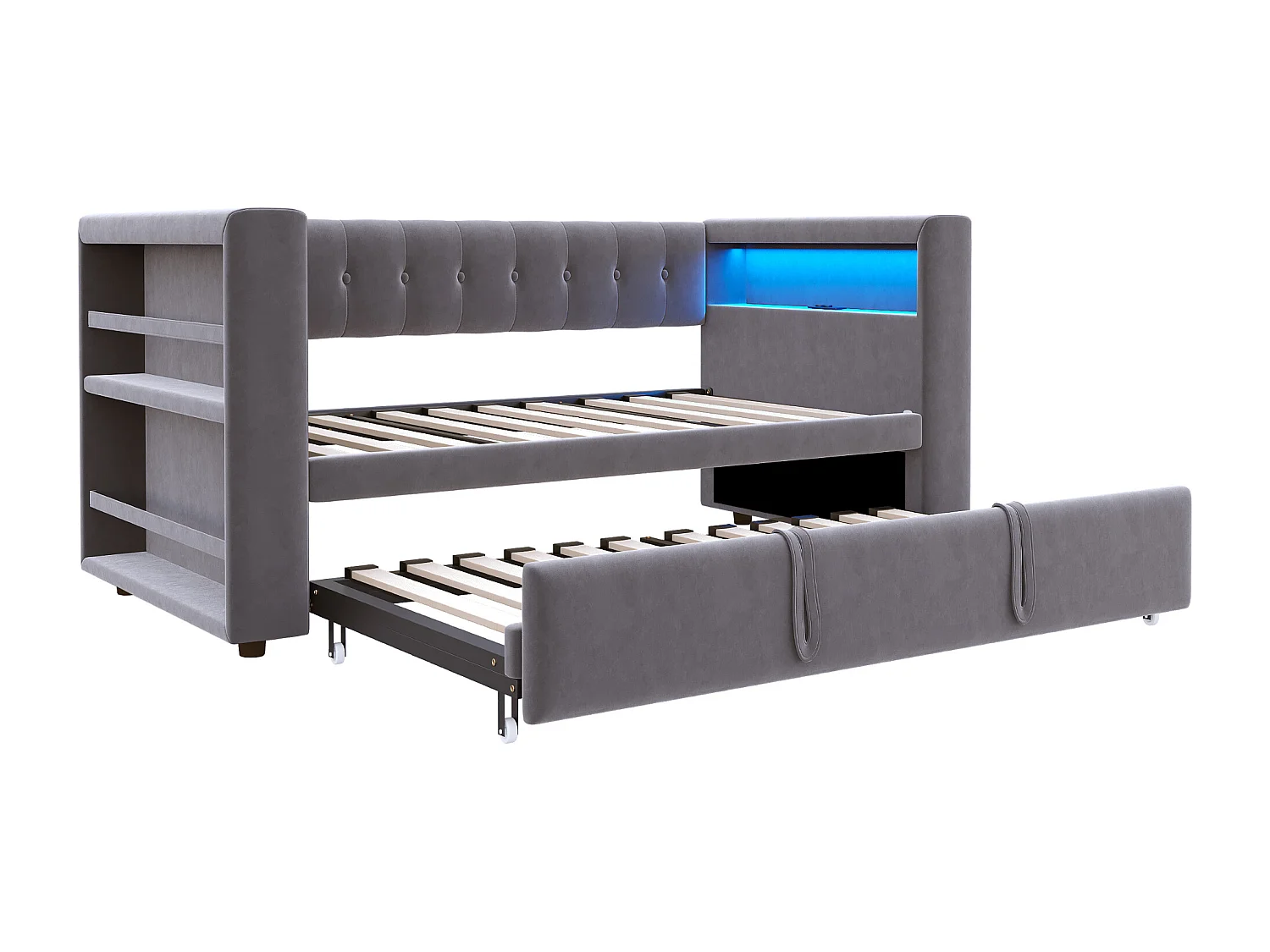 Tapicerowana sofa z łóżkiem 90x190 cm - z oświetleniem LED - z łóżkiem chowanym - z gniazdkiem elektrycznym - ciemnoszary