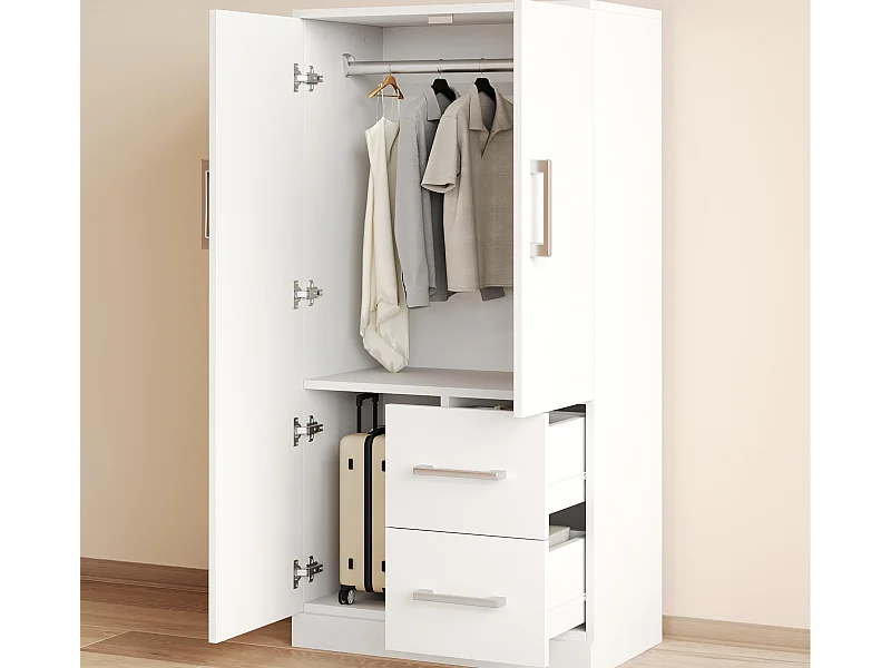 Armoire 70x40x135 cm - 2 portes - 2 tiroirs - avec compartiments de rangement - blanc