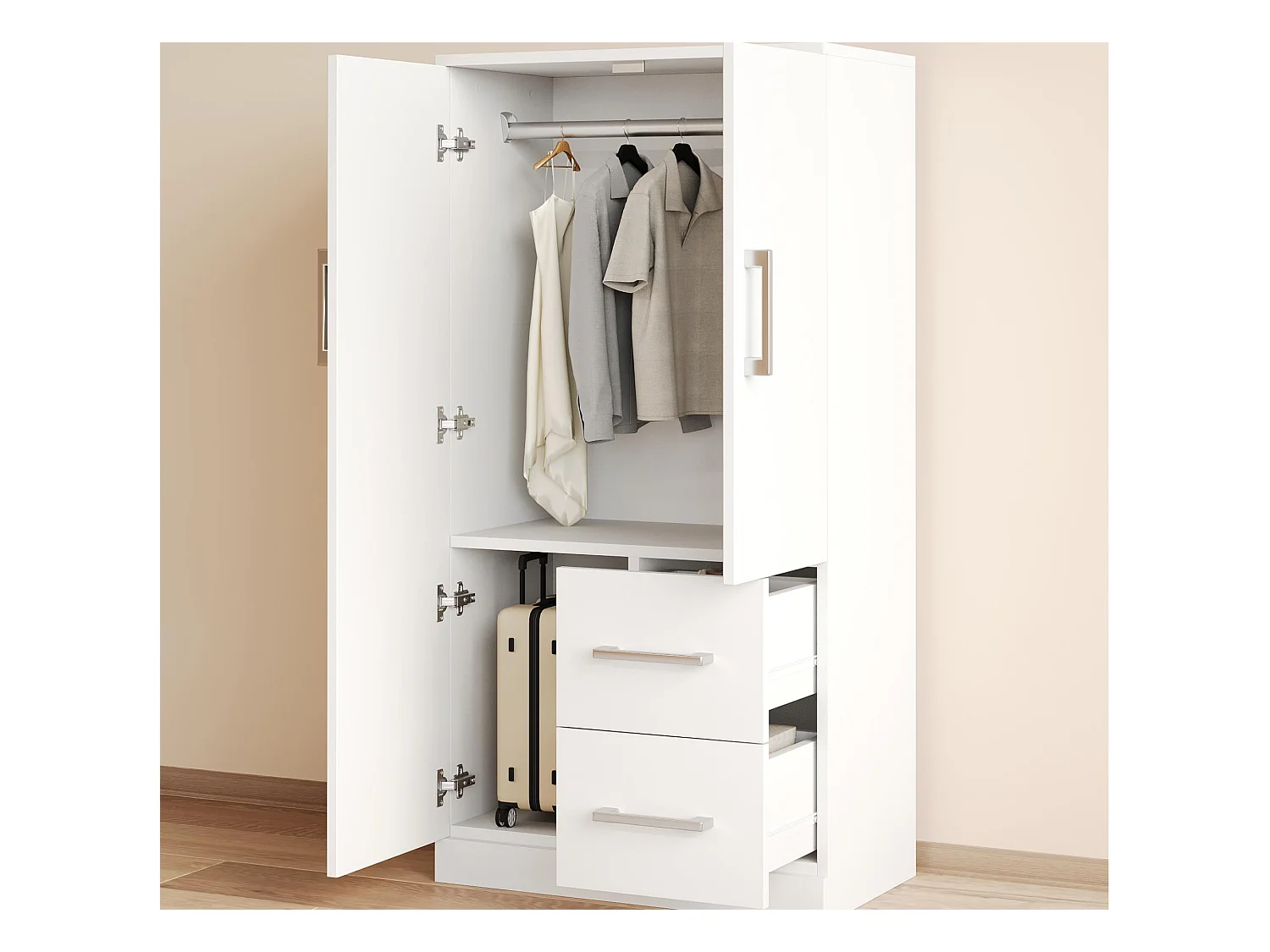 Armoire 70x40x135 cm - 2 portes - 2 tiroirs - avec compartiments de rangement - blanc